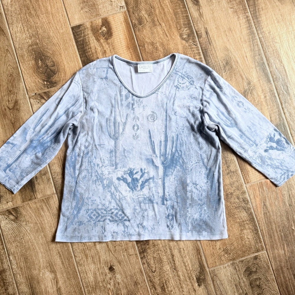 Cactus Bay Vintage‎ Y2K Southwestern Cactus Rhinestone Graphic Top, Blue, XXL